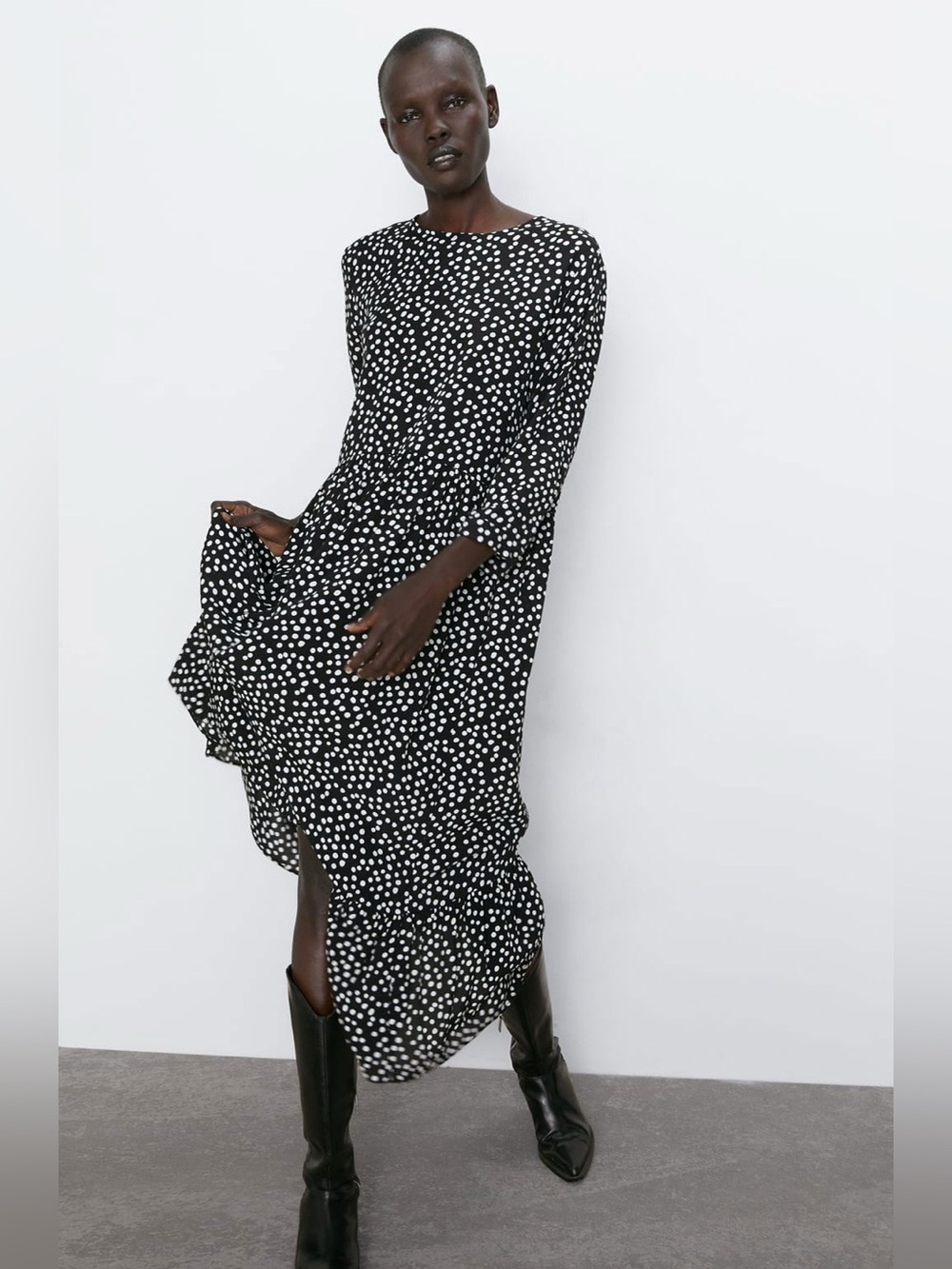 ZARA Black & White Polka Dot Midi Dress Size Small